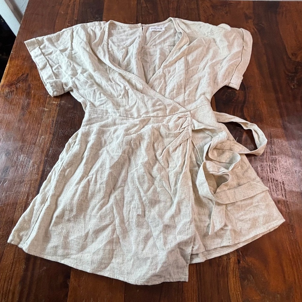 Vestique Oatmeal‎ Linen Blend Wrap Romper Short Sleeve Beige Small WMR1100